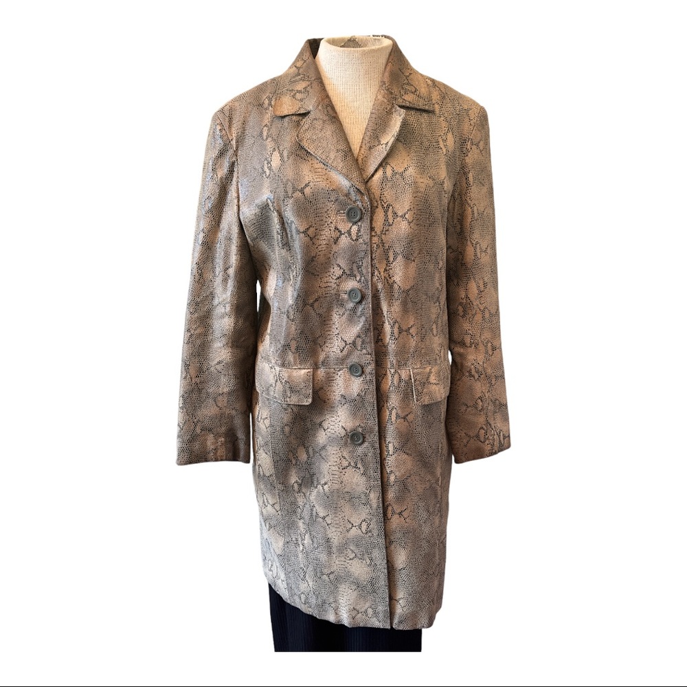 Vintage Adler Reptile Print Genuine Leather Olive Button Front Coat Size Medium